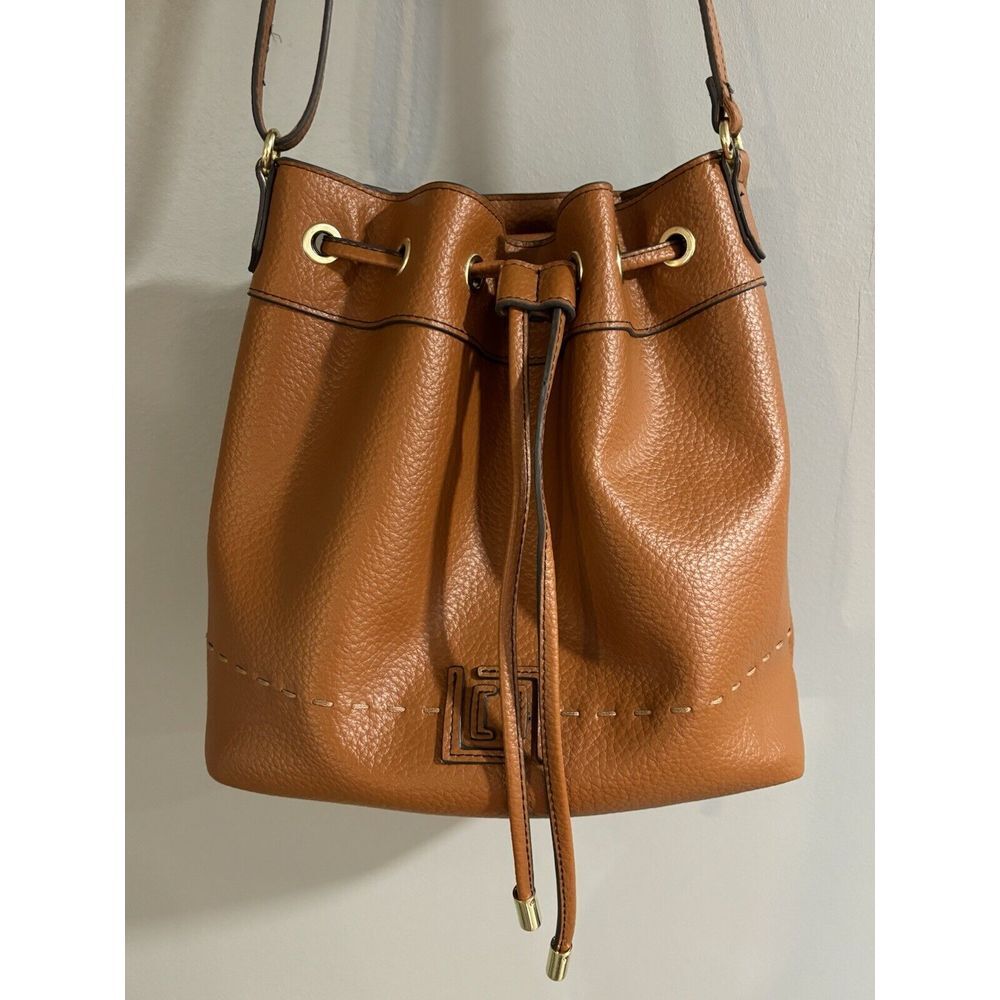 Large Bucket Bag Faux Pebble Grain‎ Brown Leather Brass Hardware Liz Claiborne